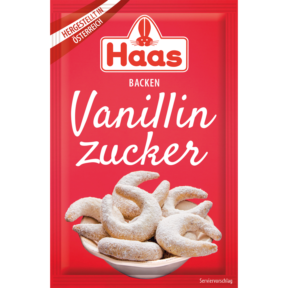 Verpackung von Haas Vanillinzucker in Rot mit dem Haas-Logo und dem Hinweis ‚Hergestellt in Österreich‘. Darunter eine Schale mit Vanillekipferln als Serviervorschlag.