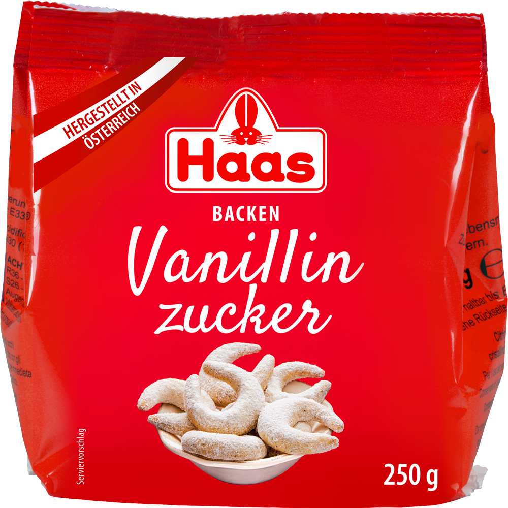 Verpackung von Haas Vanillinzucker in Rot mit Vanillekipferln als Serviervorschlag. Aufschrift: 250 g, hergestellt in Österreich.