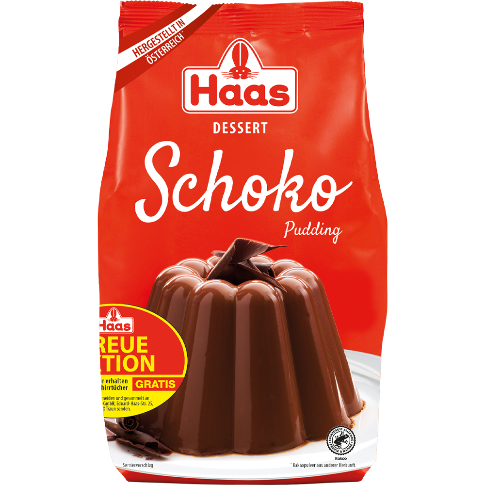 Rote Verpackung von Haas Dessert Schoko Pudding mit einem dunklen Schokopudding auf weißem Teller, dekoriert mit Schokospänen, inkl. Treueaktion-Hinweis.