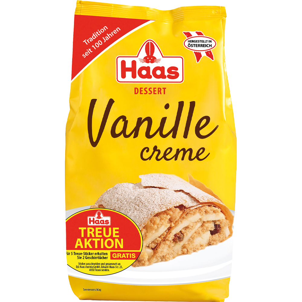 Gelbe Verpackung von Haas Dessert Vanillecreme mit Apfelstrudel-Abbildung auf weißem Teller, Staubzucker bestäubt, inkl. Hinweis auf Treueaktion.