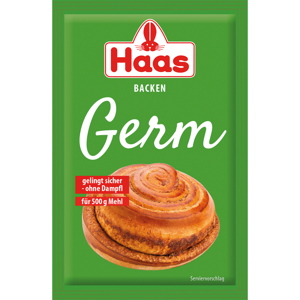 Verpackung von Haas Germ in Grün mit dem Haas-Logo. Aufschrift: ‚Gelingt sicher – ohne Dampfl, für 500 g Mehl‘. Abgebildet ist ein Zimtschnecken-Gebäck als Serviervorschlag.
