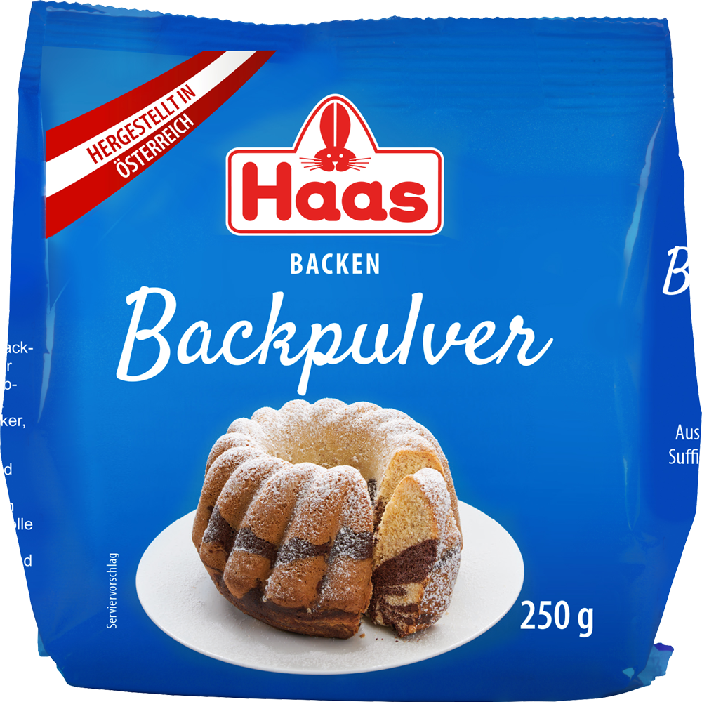Verpackung von Haas Backpulver in Blau mit Gugelhupf als Serviervorschlag. Aufschrift: 250 g, hergestellt in Österreich.