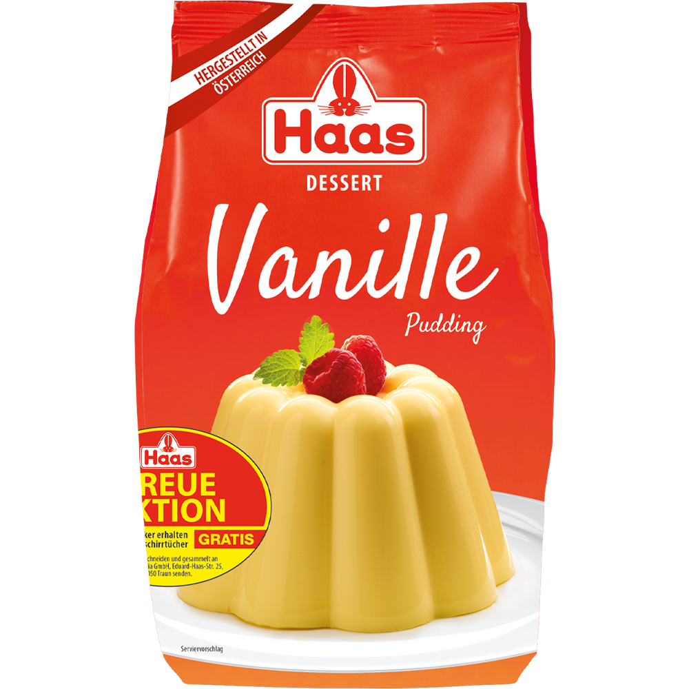 Verpackung von Haas Dessert Vanille Pudding in rotem Beutel mit gelbem Pudding auf Teller, garniert mit Himbeeren und Minzblättern, Aufdruck "HERGESTELLT IN ÖSTERREICH" und "TREUEAKTION GRATIS".