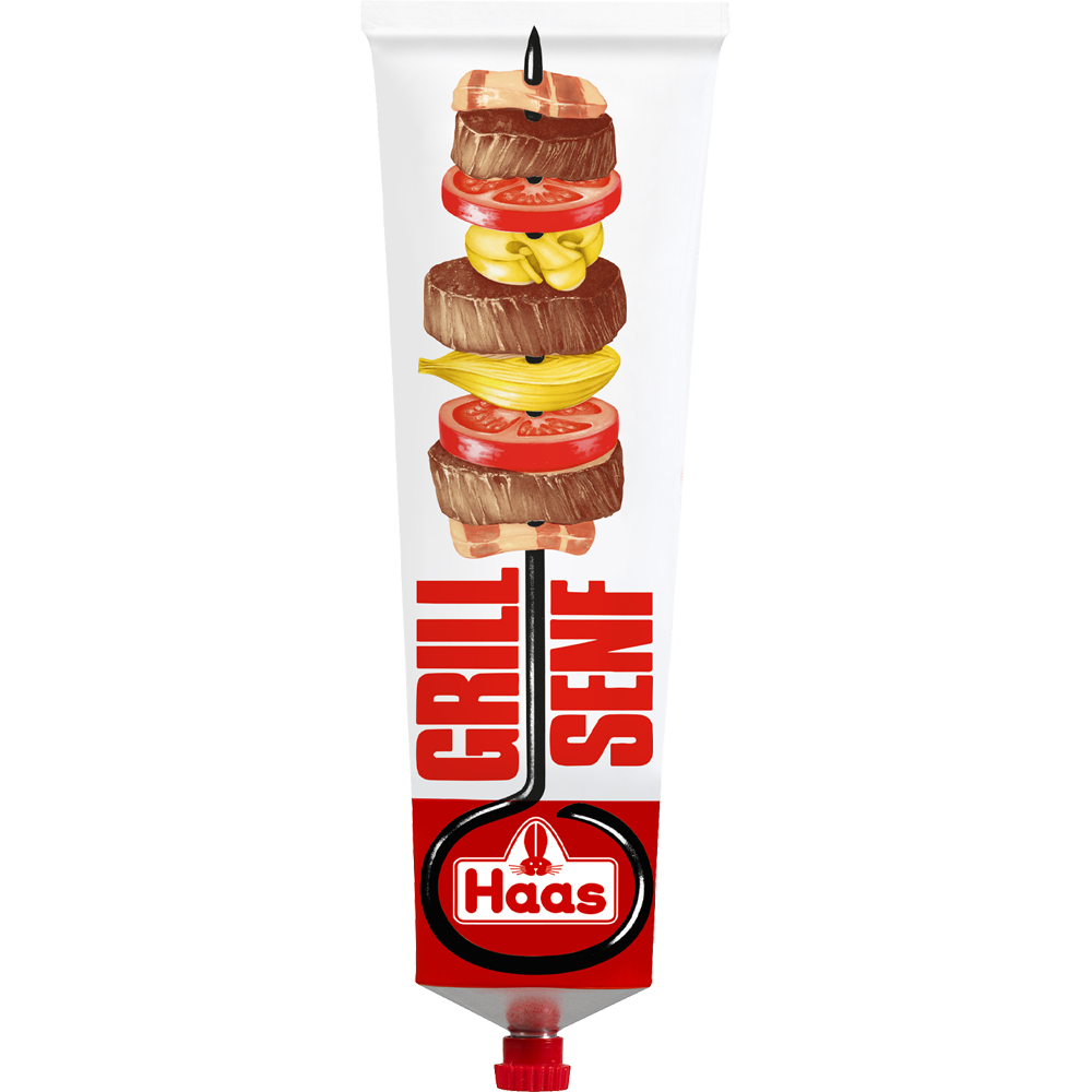 Haas Grill Senf in Aluminiumtube mit Grillspieß-Illustration aus Fleisch, Tomaten, Zwiebel und Senf. Rote Verschlusskappe unten.