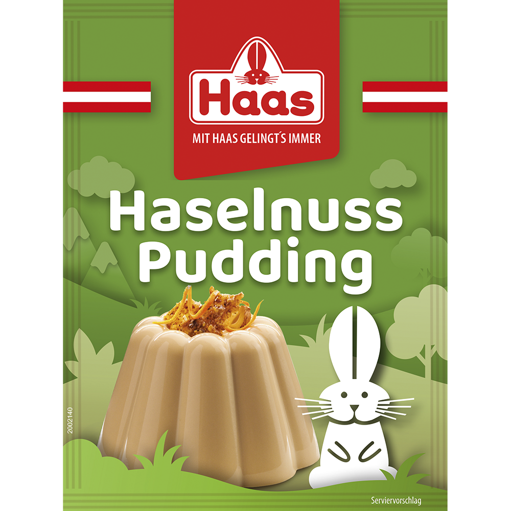 Verpackung von Haas Haselnuss Pudding in Grün mit Pudding und Haselnuss-Dekor, Häschenmotiv. 