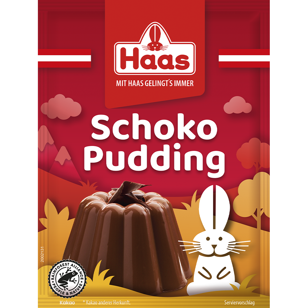 Verpackung von Haas Schoko Pudding in Rot mit Schokoladenpudding als Serviervorschlag und Häschenmotiv. Vegan