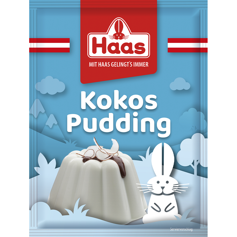 Verpackung von Haas Kokos Pudding in Hellblau mit weißem Pudding, Kokosraspeln und Häschenmotiv. 