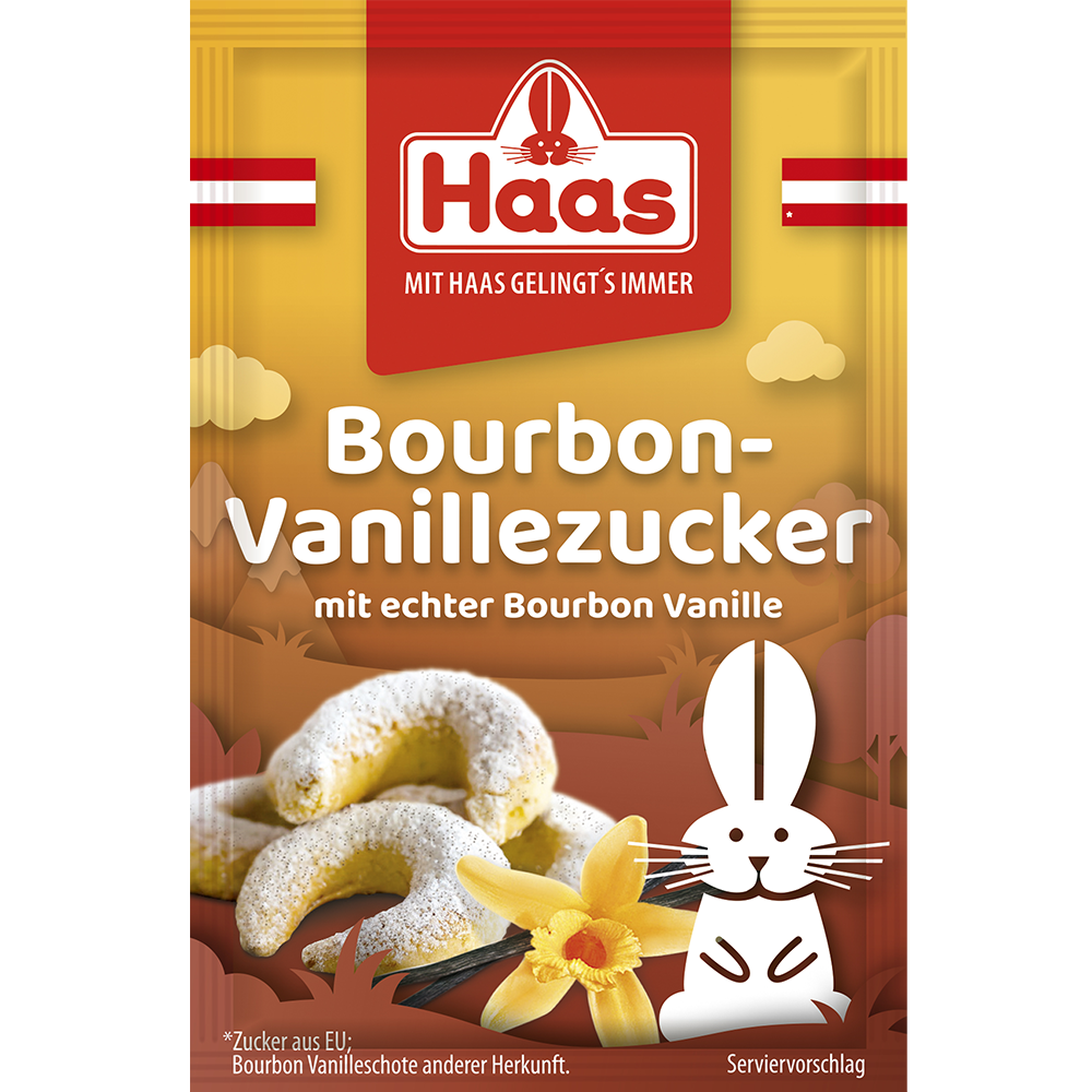 Verpackung von Haas Bourbon-Vanillezucker, gelb-braun gestaltet mit rotem Haas-Logo, Schriftzug „Bourbon-Vanillezucker mit echter Bourbon Vanille“. Abgebildet sind Vanillekipferl-Kekse, eine Vanilleblüte und eine weiße Hasen-Illustration.