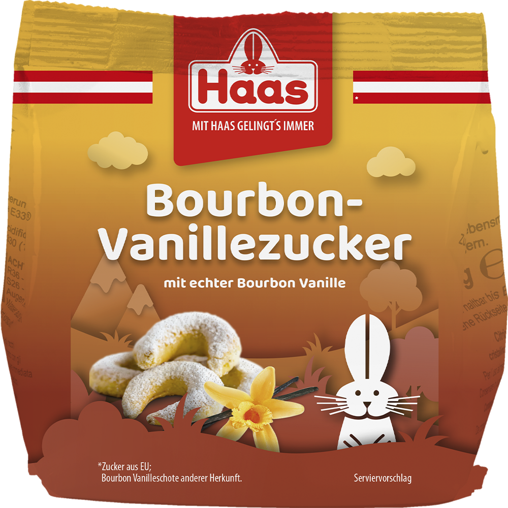 Verpackung von Haas Bourbon-Vanillezucker im Beutel, gelb-braun mit rotem Haas-Logo. Darauf steht „Bourbon-Vanillezucker mit echter Bourbon Vanille“. Gezeigt werden Vanillekipferl-Kekse, eine Vanilleblüte und ein weißer Hase als Illustration.